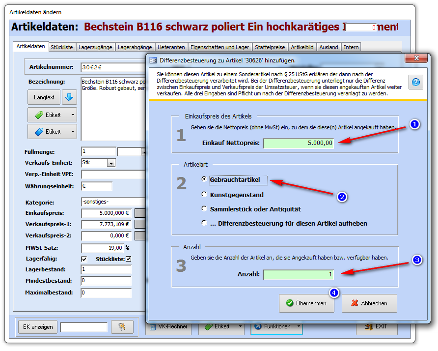 Eingabedialog im Artikelstamm: Differenzbesteuerung