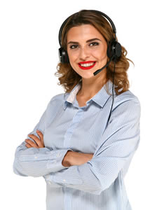 Hotline Support Mitarbeiterin im Support-Center mit Headset 207x300 Pixel